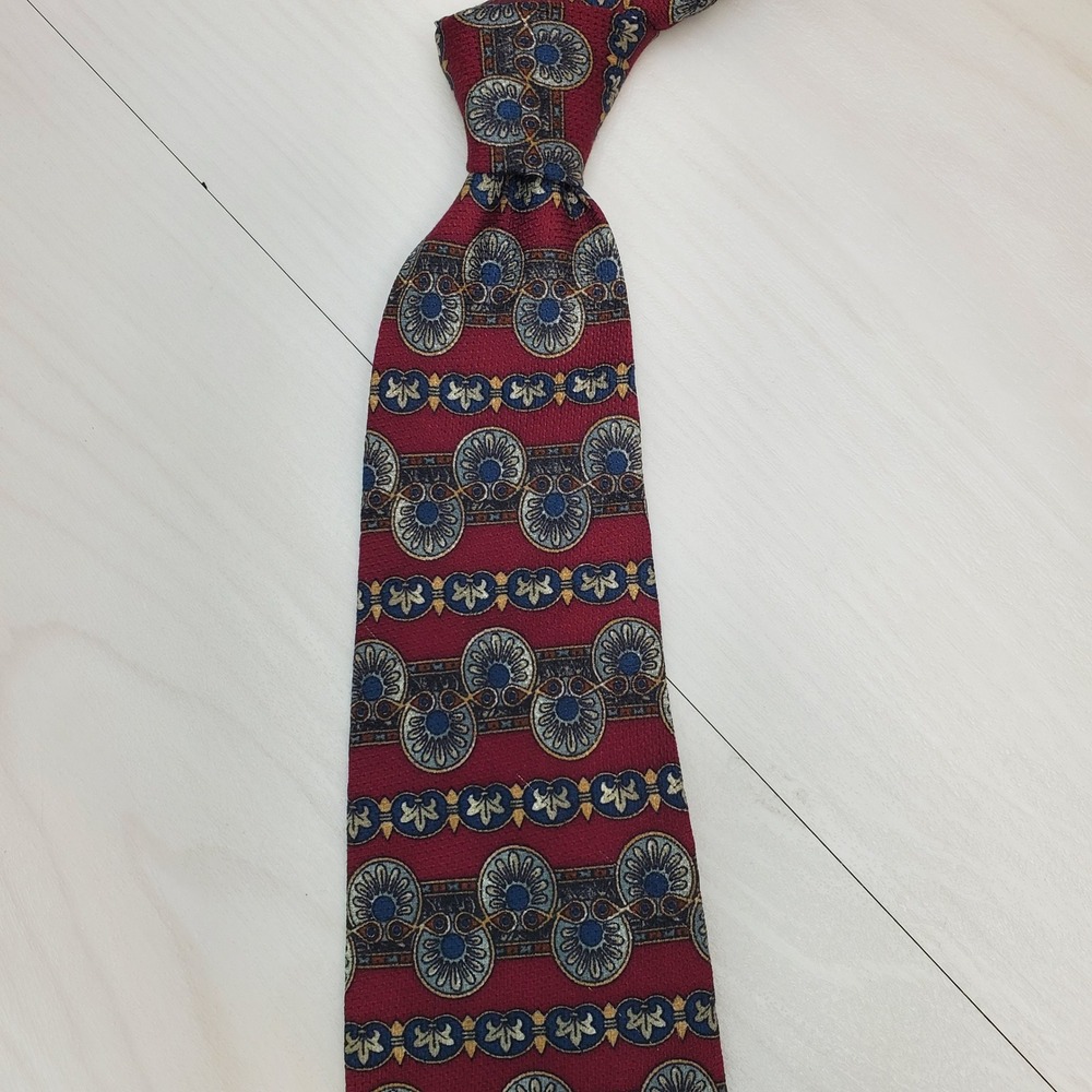 Mark Alexander Mens Silk Necktie Burgundy Blue Gold Medallion Geometric Canada